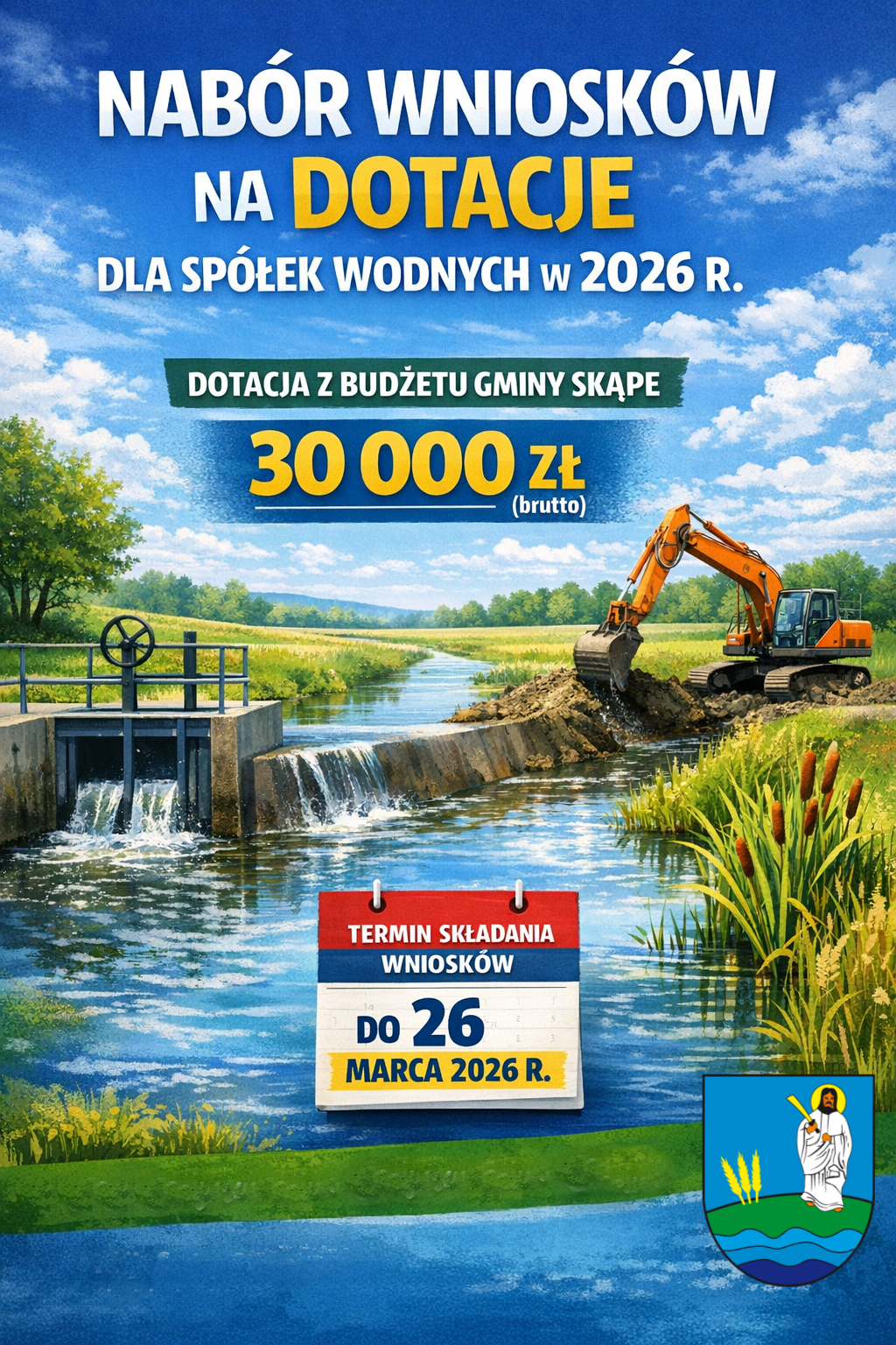 W&oacute;jt Gminy Skąpe ogłasza nab&oacute;r wniosk&oacute;w na udzielenie sp&oacute;łkom wodnym dotacji celowej z budżetu Gminy Skąpe na bieżące utrzymanie w&oacute;d oraz utrzymanie i eksploatację urządzeń w 2026 r. 
